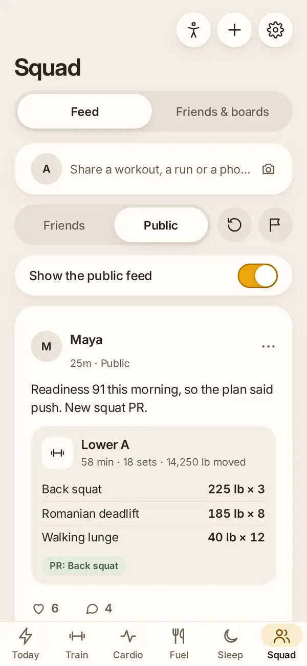 Aurek Squad feed: a friend’s lower-body workout with a back squat PR