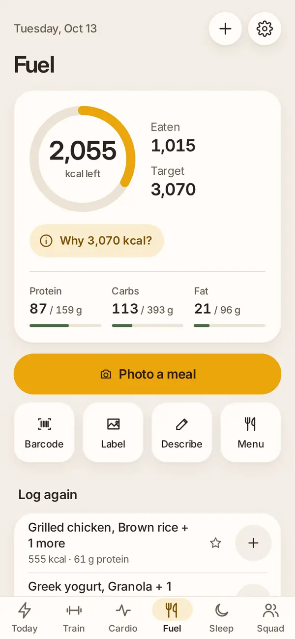 Aurek Fuel screen: 2,055 kcal left of a 3,070 target, protein, carbs and fat, and Photo a meal