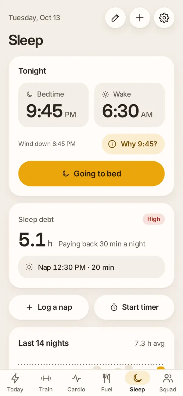 Aurek Sleep screen: bedtime 9:45 PM, wake 6:30 AM, sleep debt and a nap