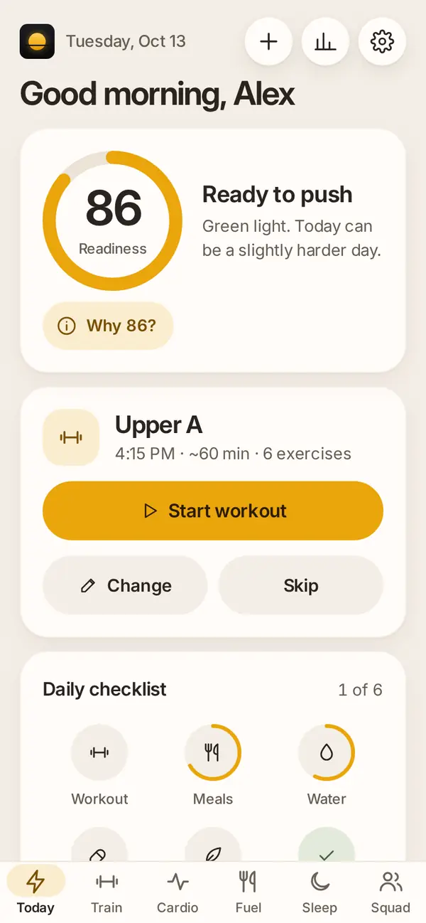 The Aurek Today screen: a readiness score of 86, Ready to push, and today’s Upper A workout with Start workout