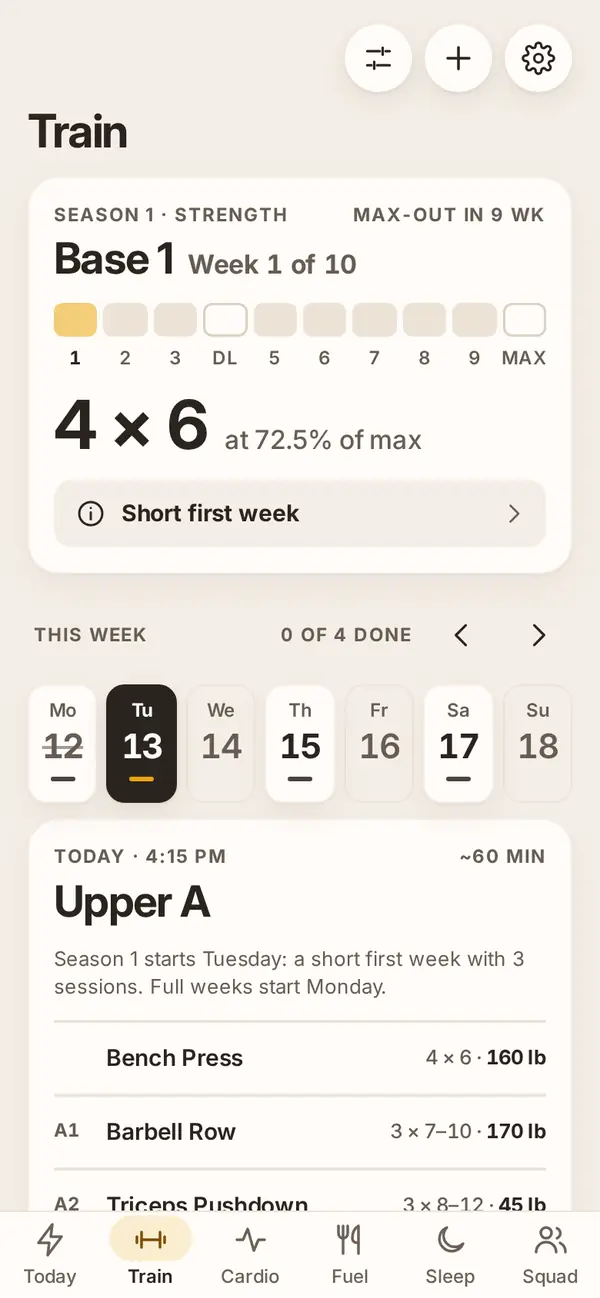 Aurek Train screen: season 1, base week 1 of 10, max-out in 9 weeks, and this week’s sessions