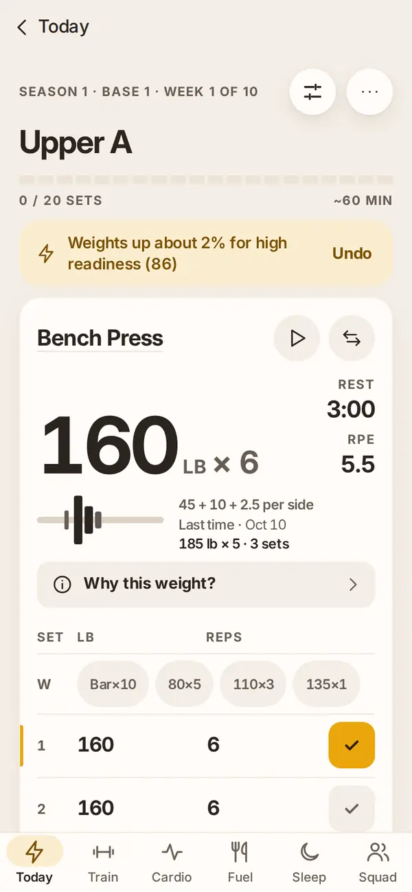 The Aurek workout screen: bench press at 160 lb for 6, with rest, RPE, plates and the set table